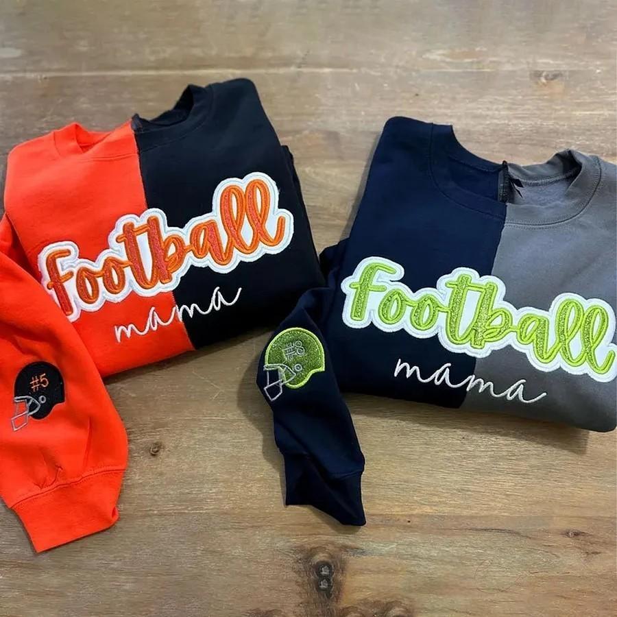 Personalized Embroidered Split Two-Tone Football Mama Game Day Crewneck Sweatshirt