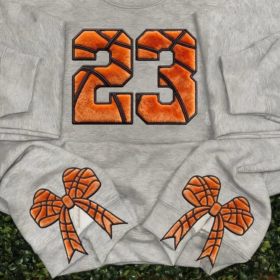 Personalized Basketball-Themed Embroidered Side Bow Sweatshirt with Custom Number/Letter