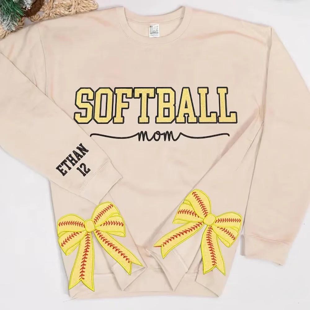 Personalized Softball Mom Side Bow Sweatshirt Glitter Embroidered Coquette Sweatshirt