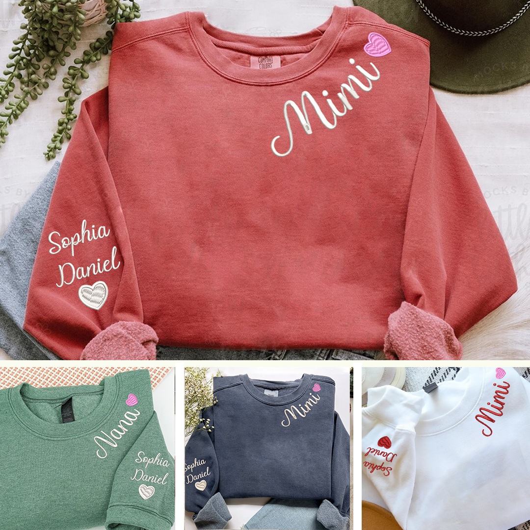 Custom Embroidered Mimi Sweatshirt Heart Personalized Mimi and Grandkids | Mother's Day Gift